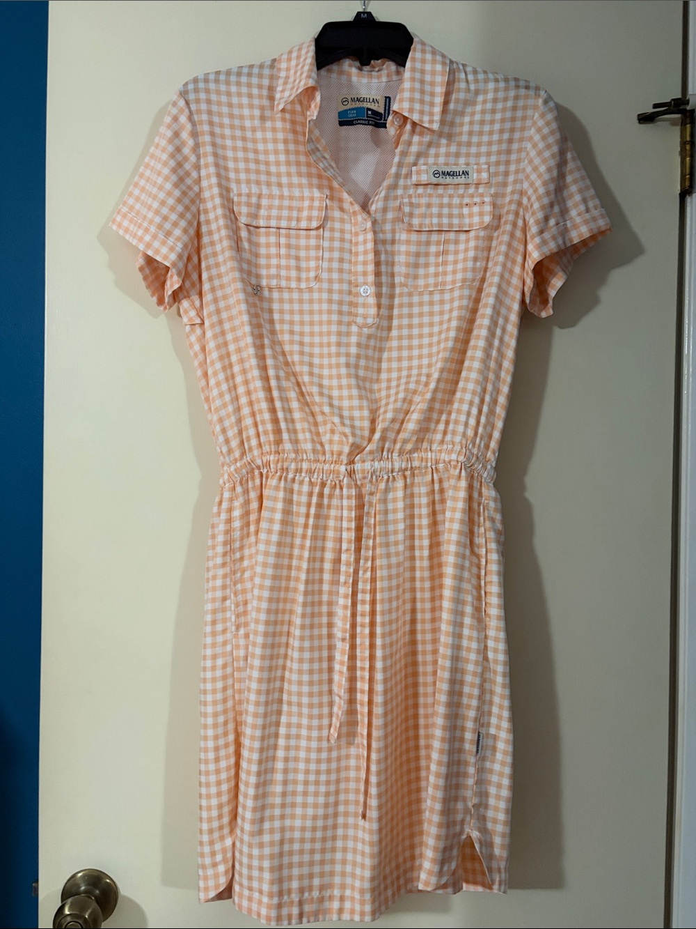 Magellan Outdoors Peach and White Gingham Drawstring Shirt Dress